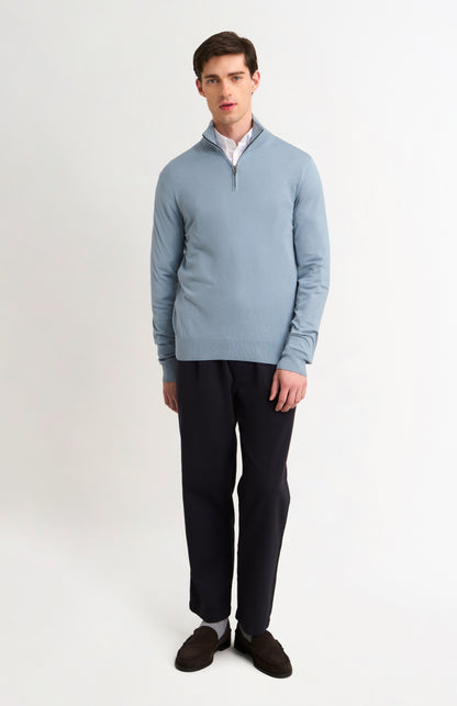 Men's Silk And Cotton Quarter Zip Jumper In Light Blue
