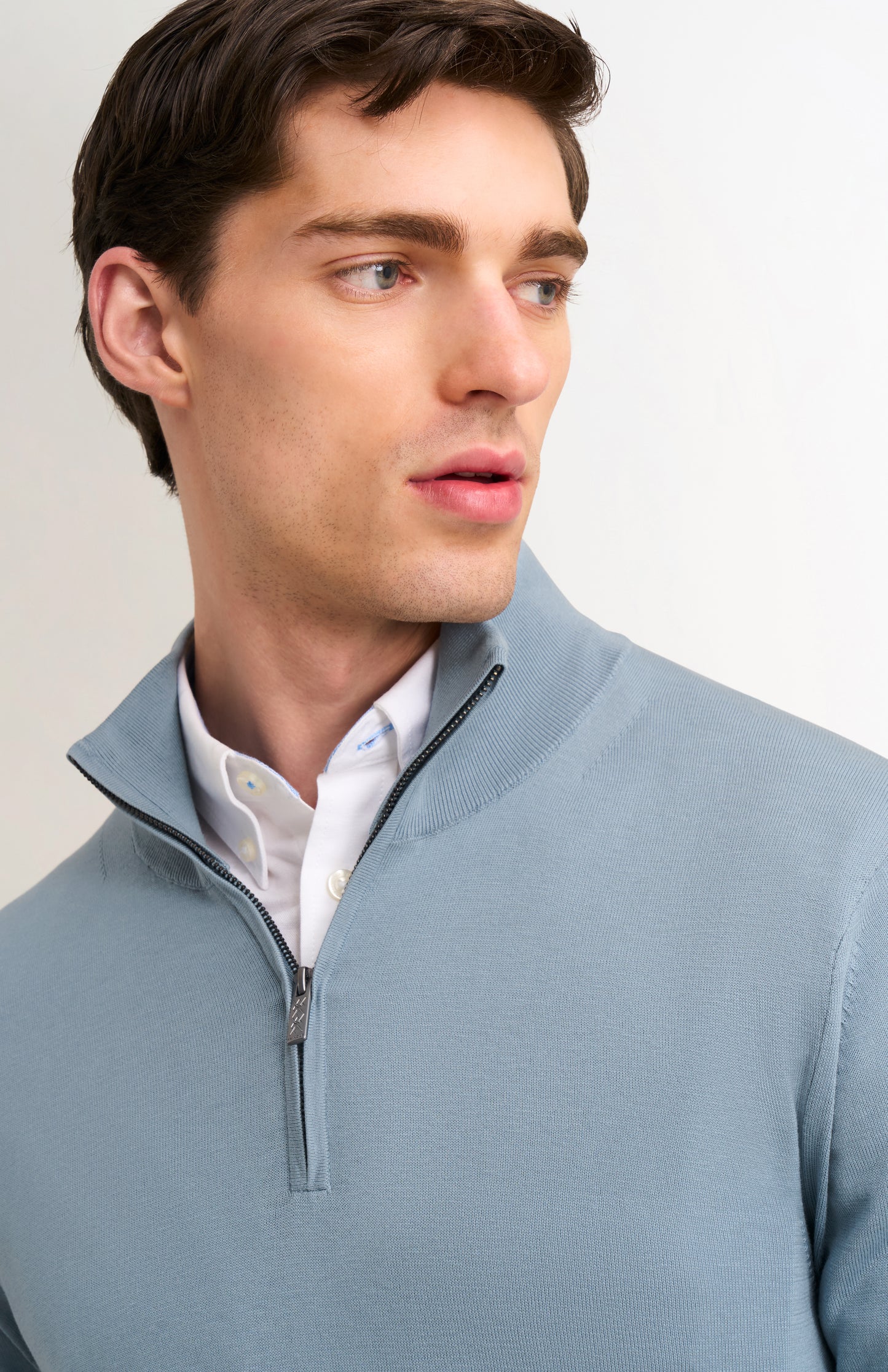 Men's Silk And Cotton Quarter Zip Jumper In Light Blue