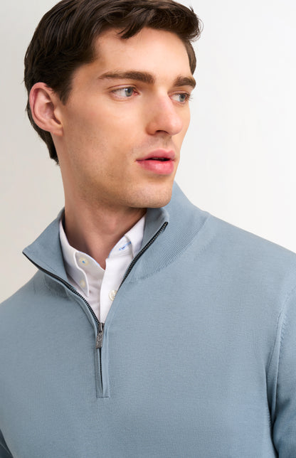 Men's Silk And Cotton Quarter Zip Jumper In Light Blue