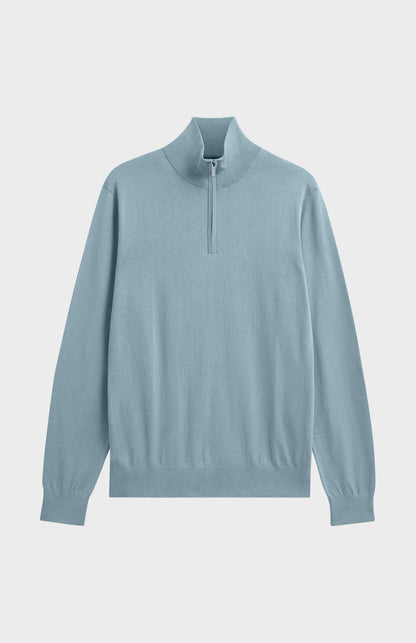 Men's Silk And Cotton Quarter Zip Jumper In Light Blue