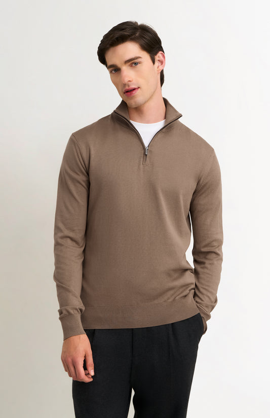 Men's Silk And Cotton Quarter Zip Jumper In Mushroom