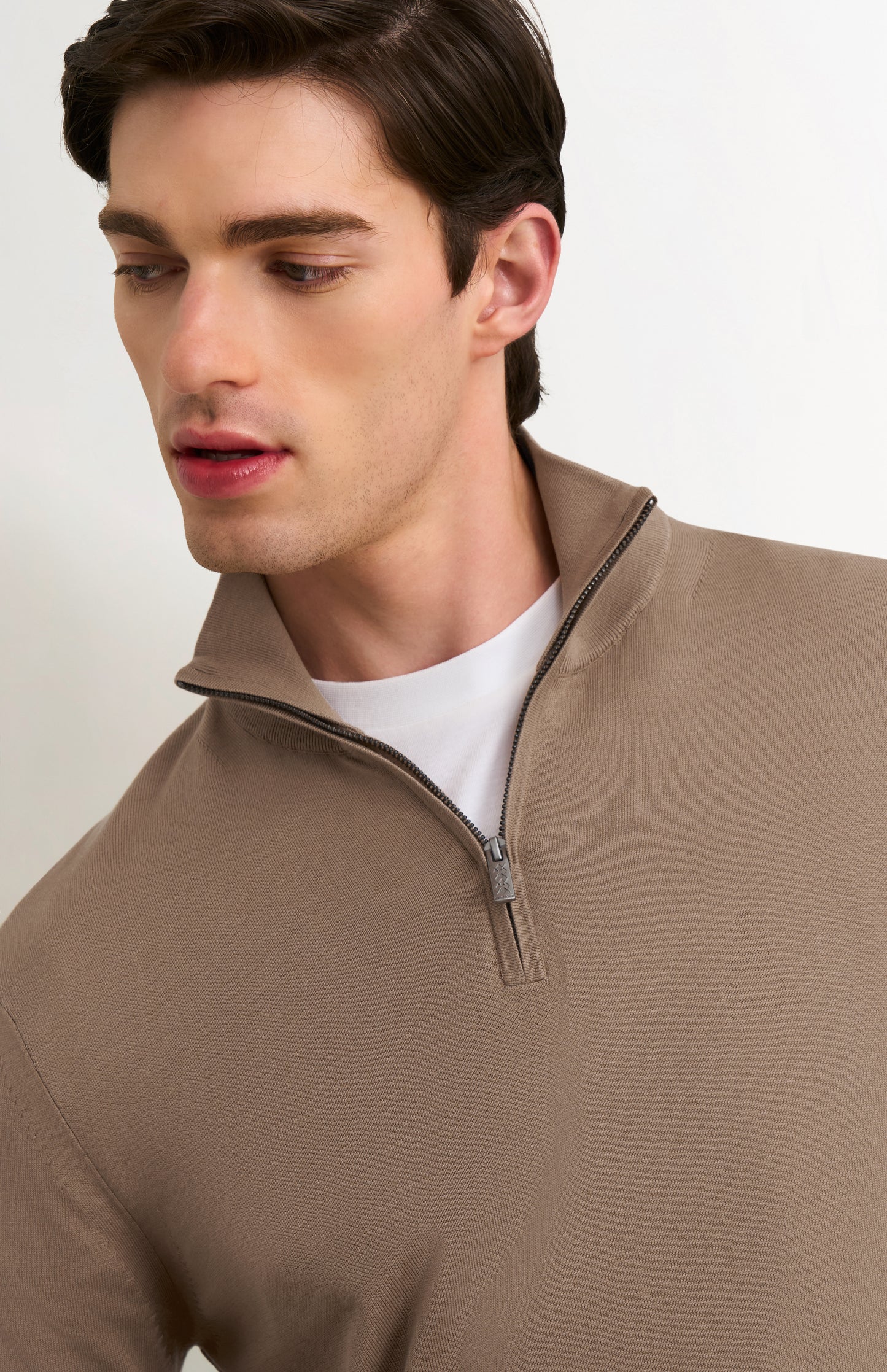 Men's Silk And Cotton Quarter Zip Jumper In Mushroom