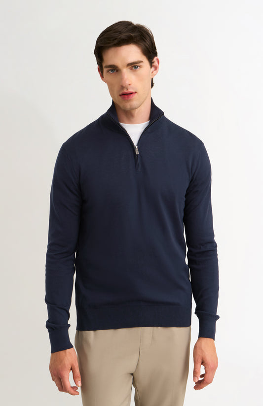 Men's Silk And Cotton Quarter Zip Jumper In Navy