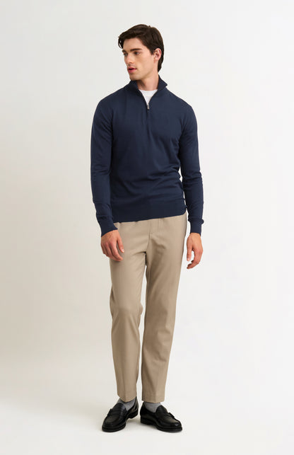 Men's Silk And Cotton Quarter Zip Jumper In Navy