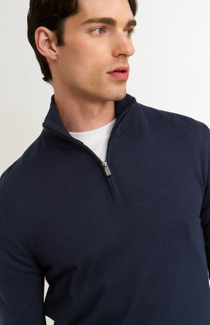 Men's Silk And Cotton Quarter Zip Jumper In Navy