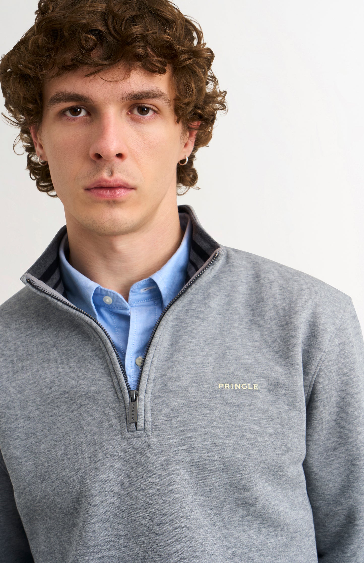 Pringle Men's Qtr Zip Track Jumper In Grey Melange neck and collar detail