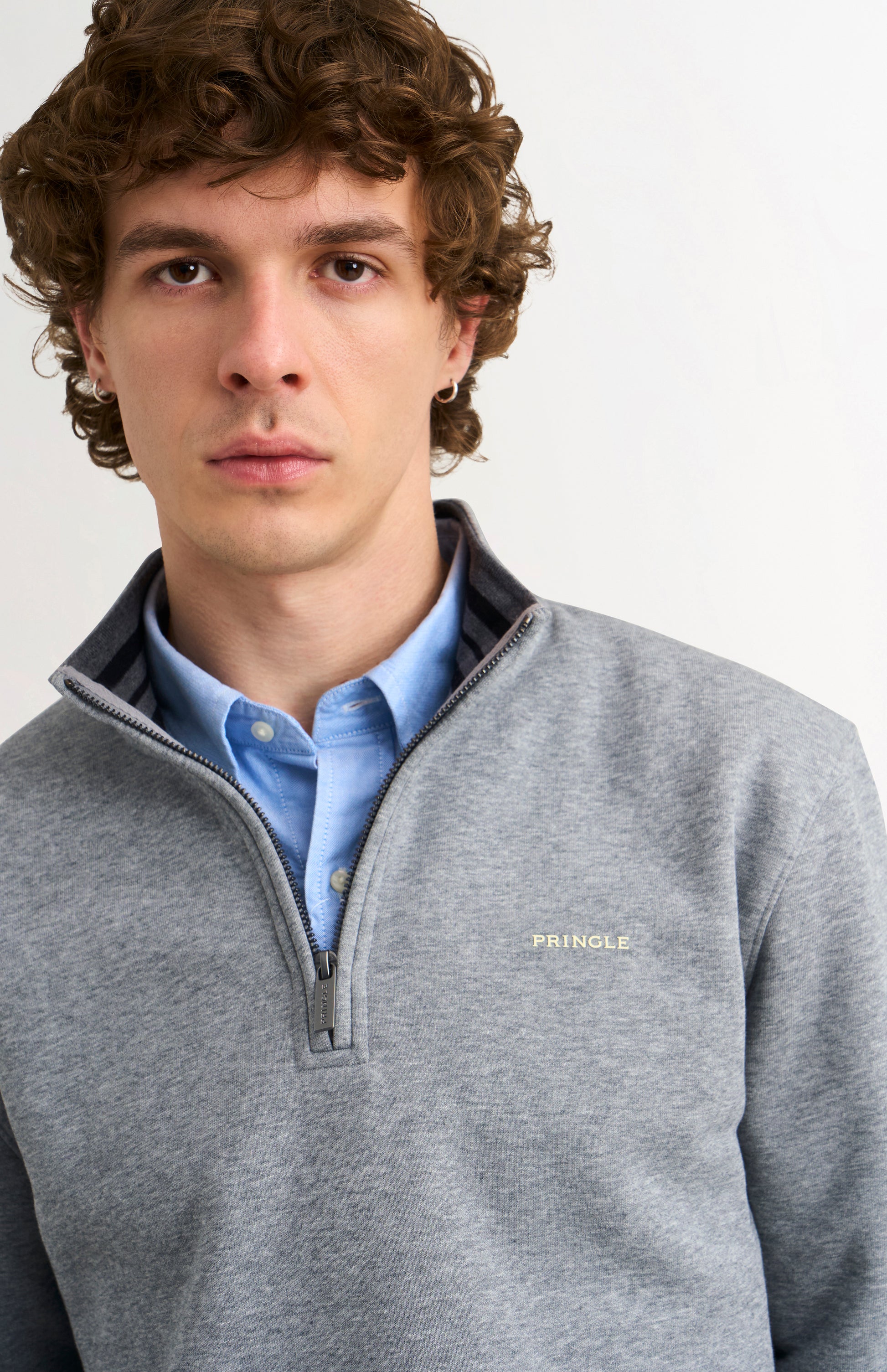 Pringle Men's Qtr Zip Track Jumper In Grey Melange neck and collar detail