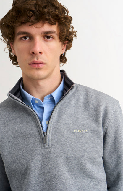 Pringle Men's Qtr Zip Track Jumper In Grey Melange neck and collar detail
