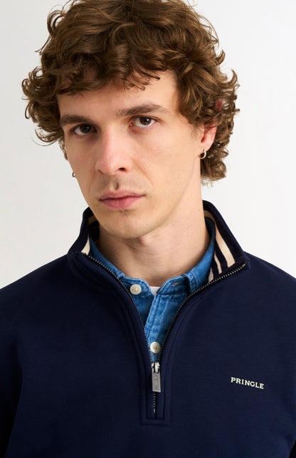 Pringle Men's Qtr Zip Track Jumper In Navy Blue collar and zip detail