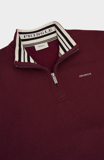 Pringle Mens Quarter Zip Track Jumper In Burgundy neck detail