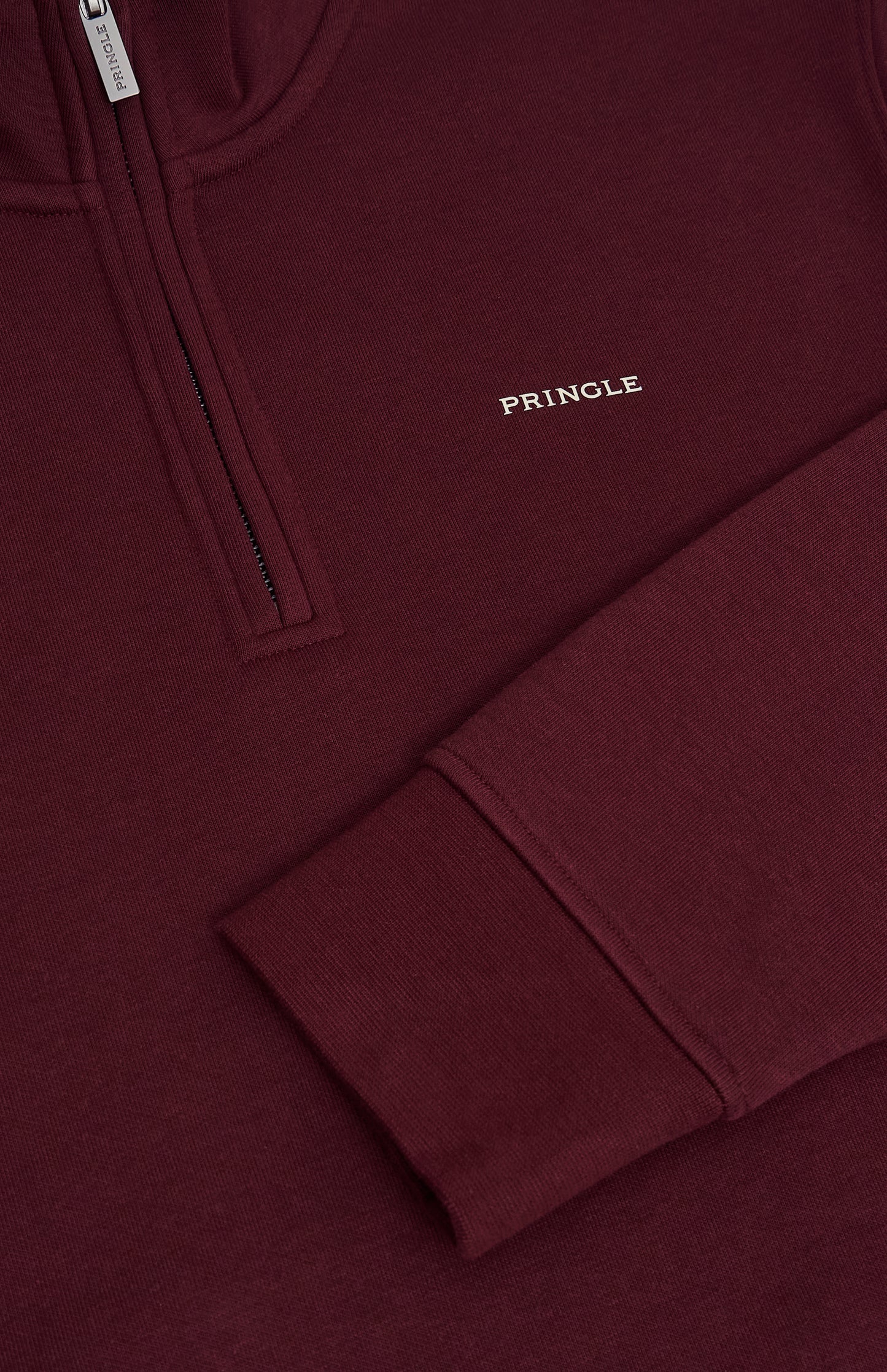 Pringle Mens Quarter Zip Track Jumper In Burgundy rubberised 3D logo detail