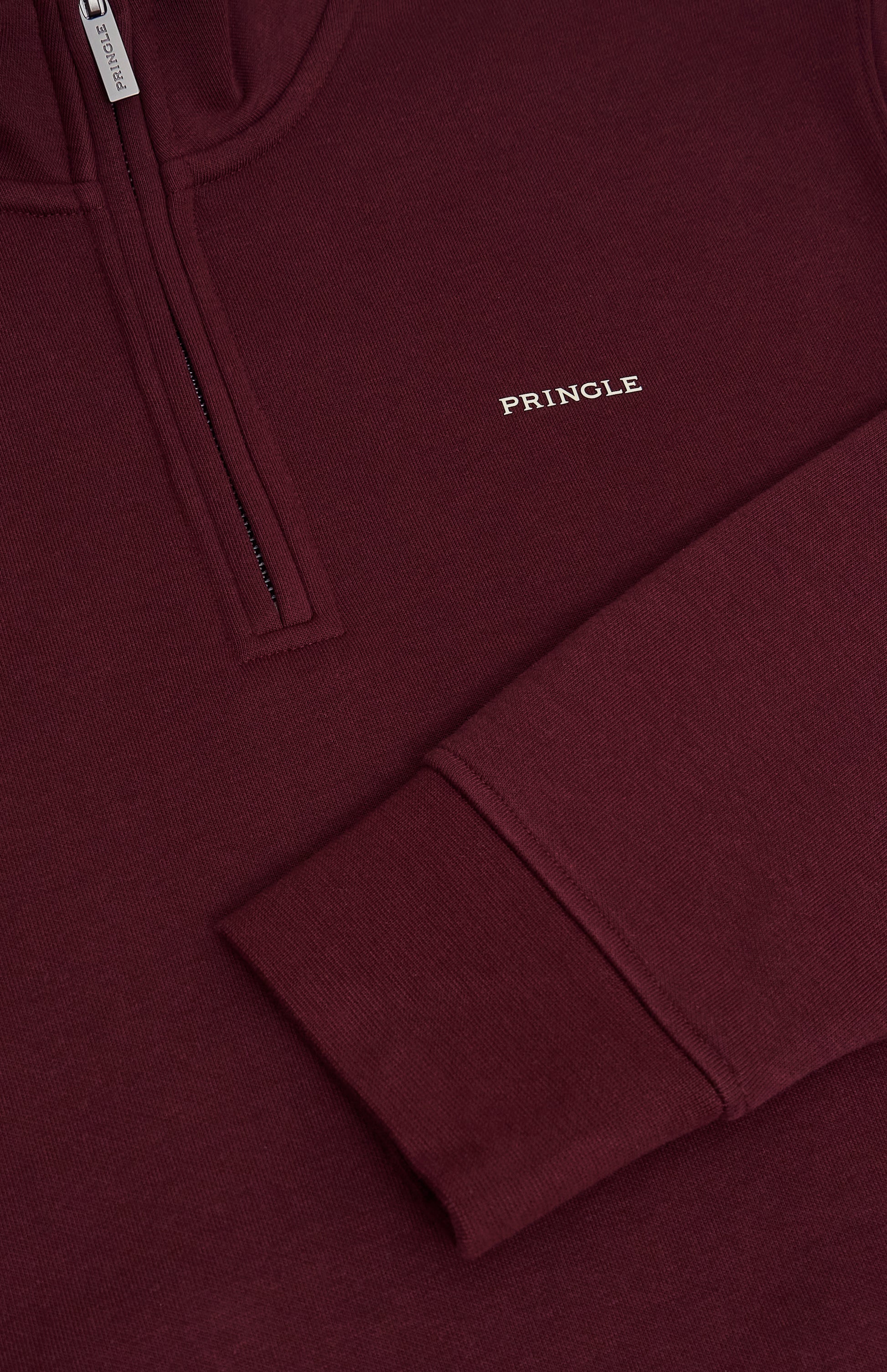 Pringle Mens Quarter Zip Track Jumper In Burgundy rubberised 3D logo detail