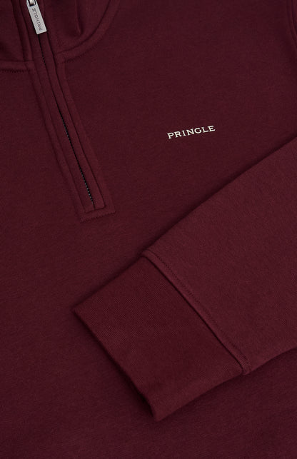 Pringle Mens Quarter Zip Track Jumper In Burgundy rubberised 3D logo detail