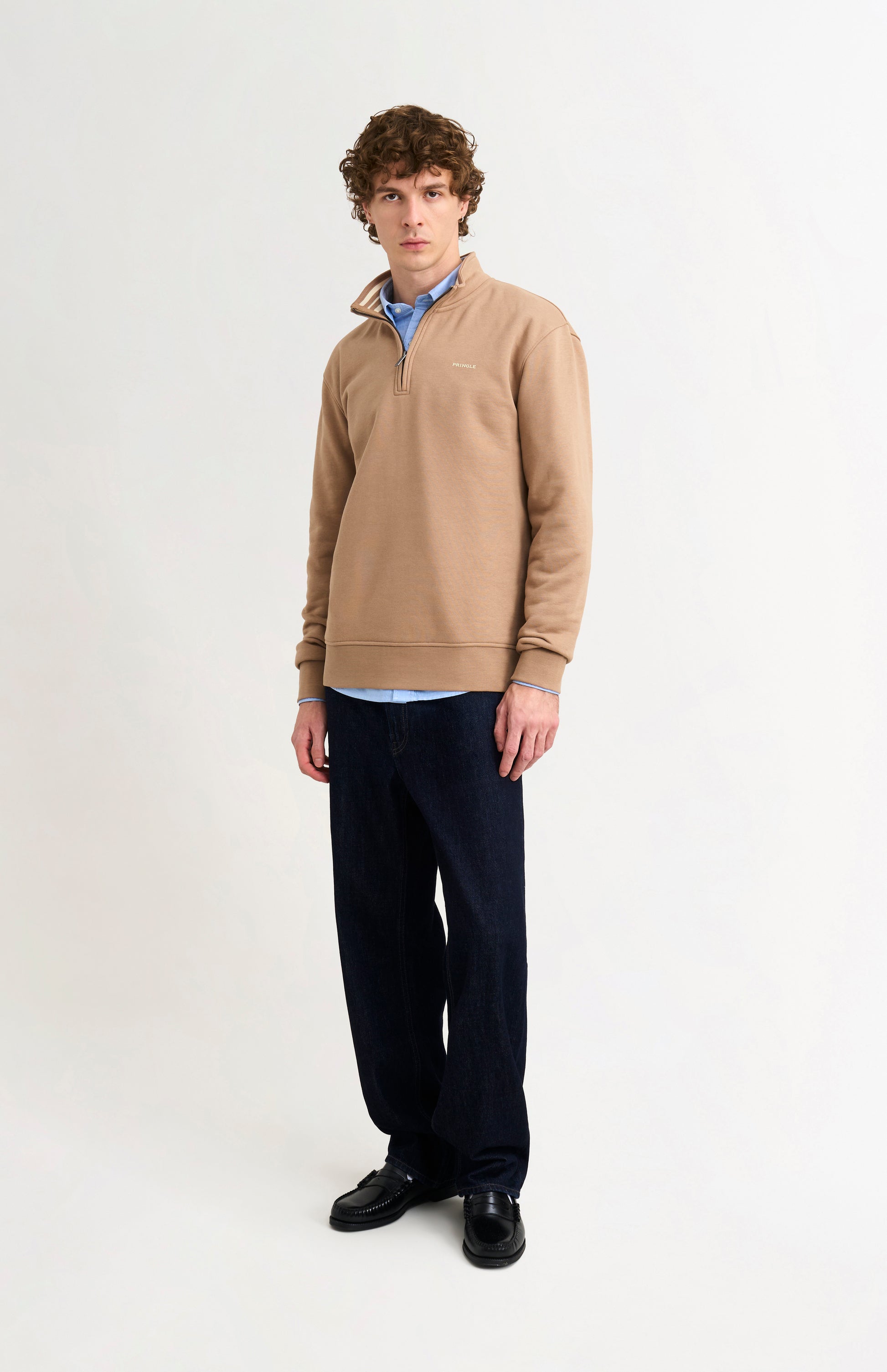 Pringle Men's Qtr Zip Track Jumper In Mushroom on model full length