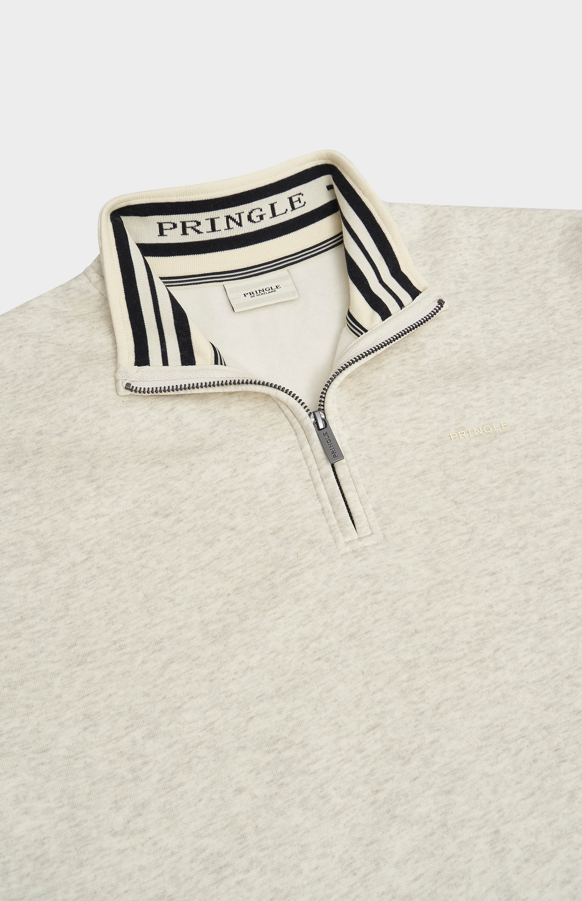 Pringle Men's Qtr Zip Track Jumper In Ecru Beige Melange neck detail showing house stripe