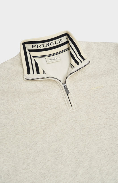 Pringle Men's Qtr Zip Track Jumper In Ecru Beige Melange neck detail showing house stripe