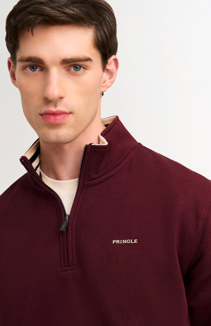 Mens Quarter Zip Track Jumper In Burgundy