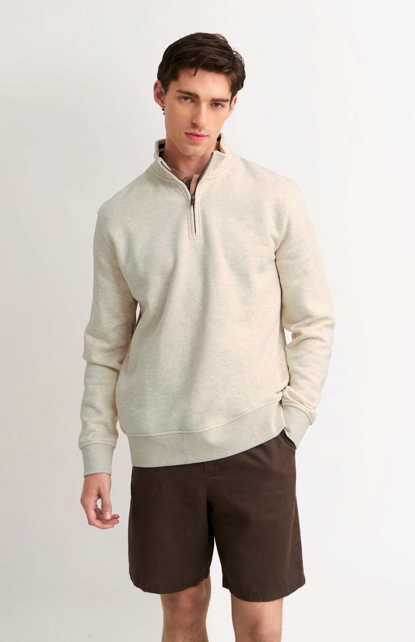 Men's Qtr Zip Track Jumper In Ecru Beige Melange