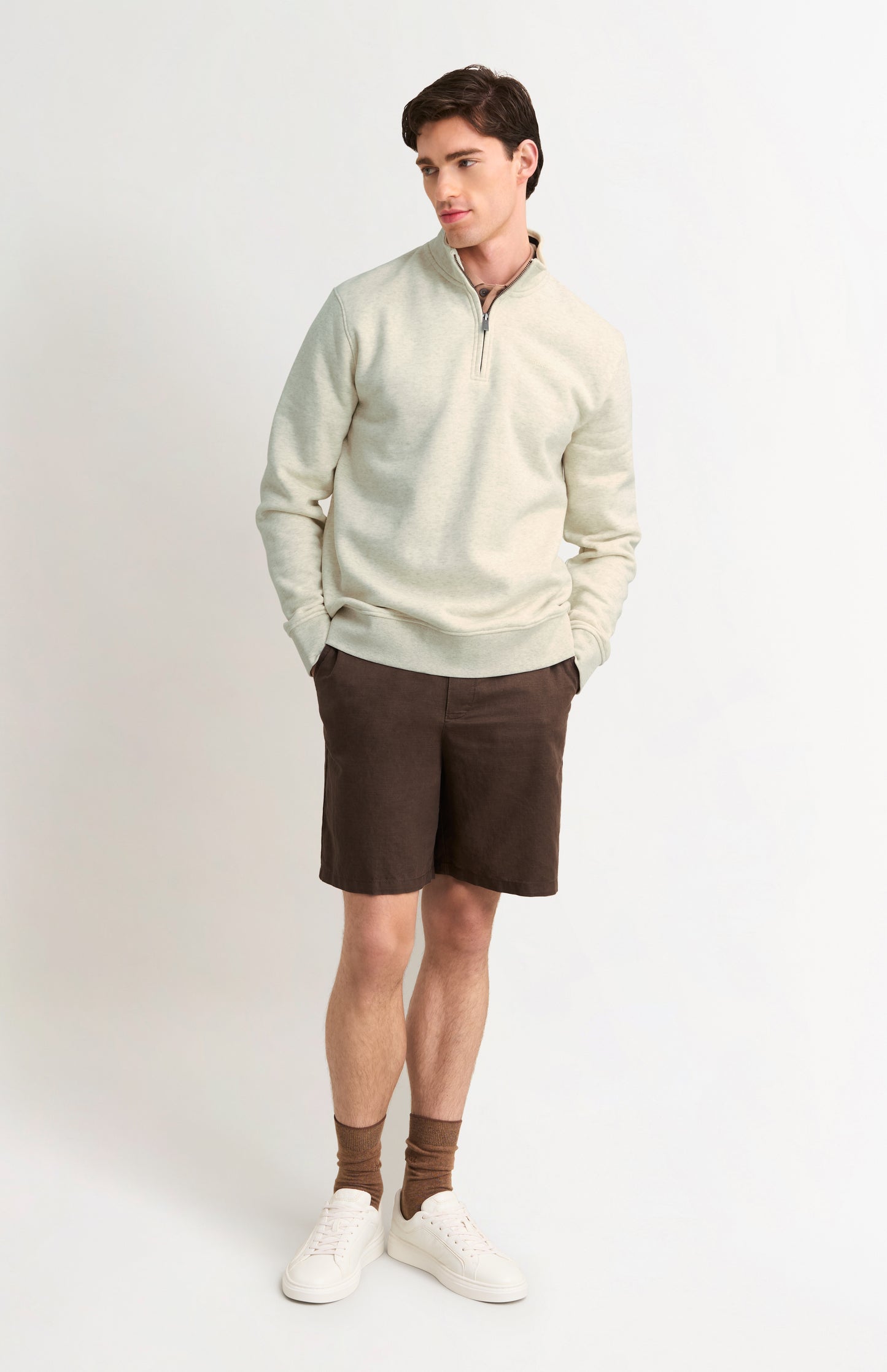 Men's Qtr Zip Track Jumper In Ecru Beige Melange