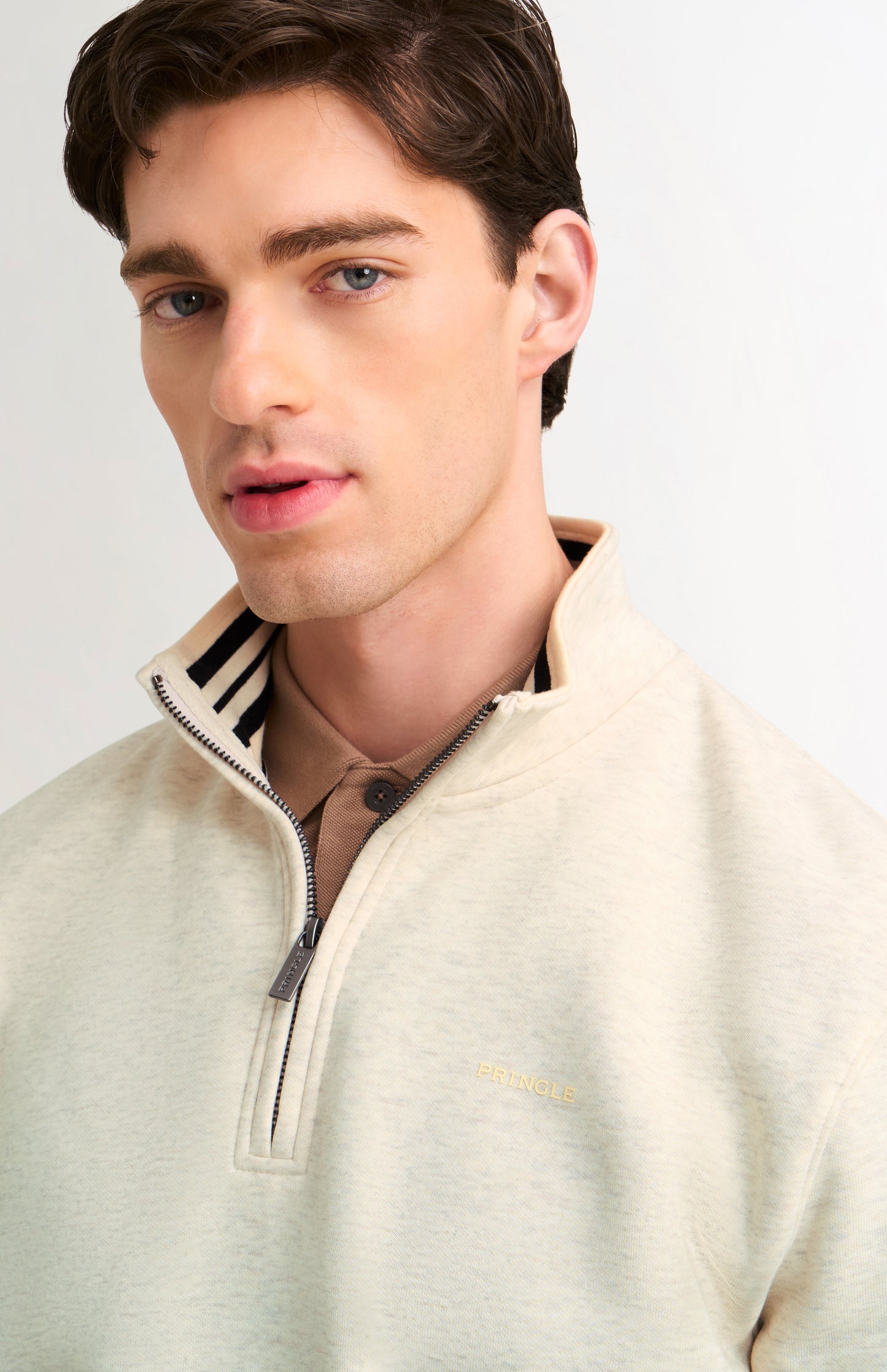 Men's Qtr Zip Track Jumper In Ecru Beige Melange