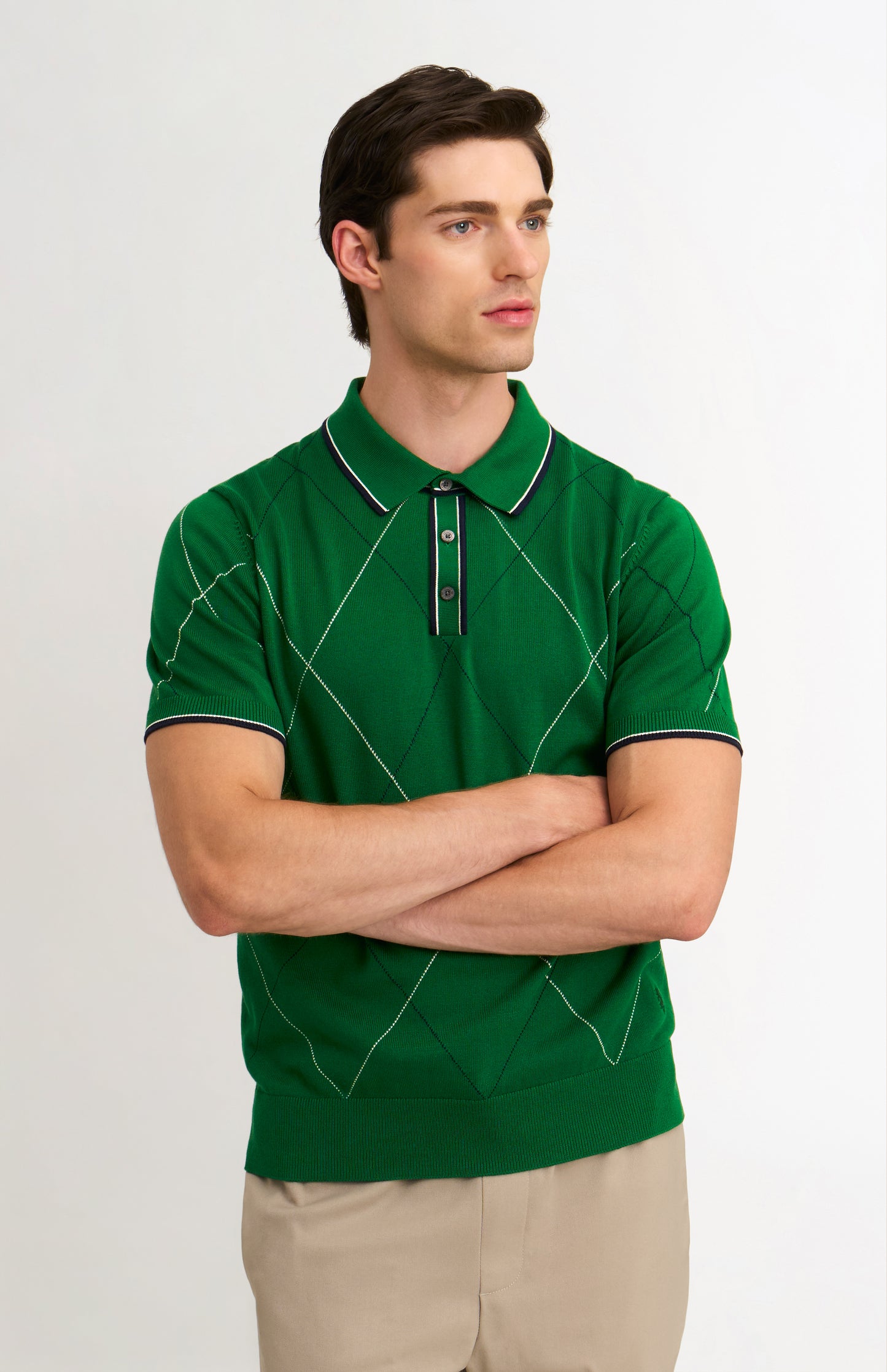 Men's Cotton And Silk Raker Stitch Polo Shirt In Green & Ecru