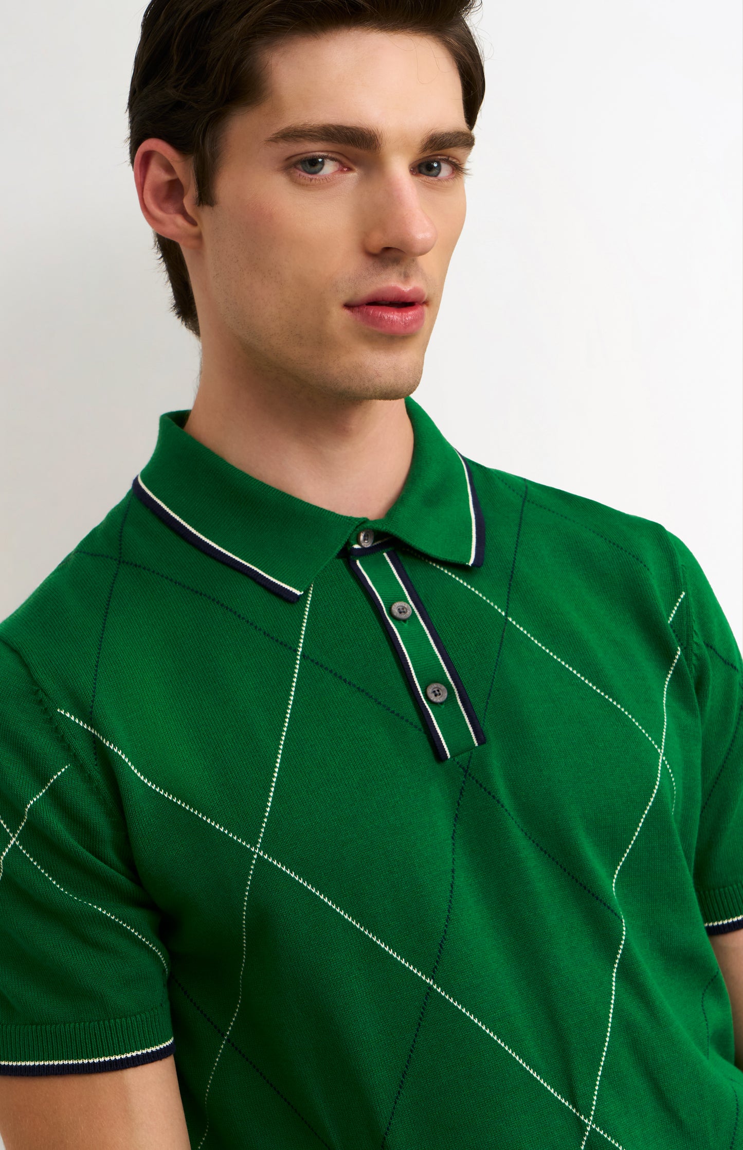 Men's Cotton And Silk Raker Stitch Polo Shirt In Green & Ecru