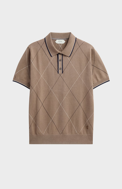 Men's Cotton And Silk Raker Stitch Polo Shirt In Mushroom & Ecru