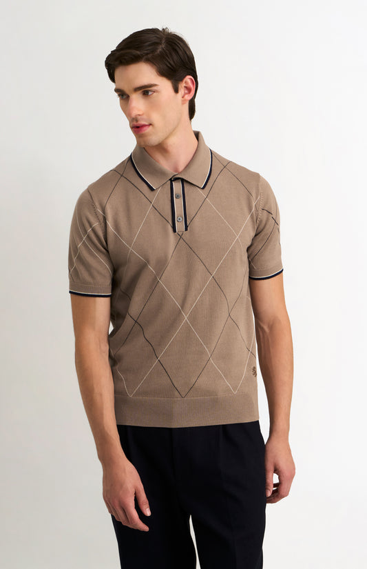 Men's Cotton And Silk Raker Stitch Polo Shirt In Mushroom & Ecru