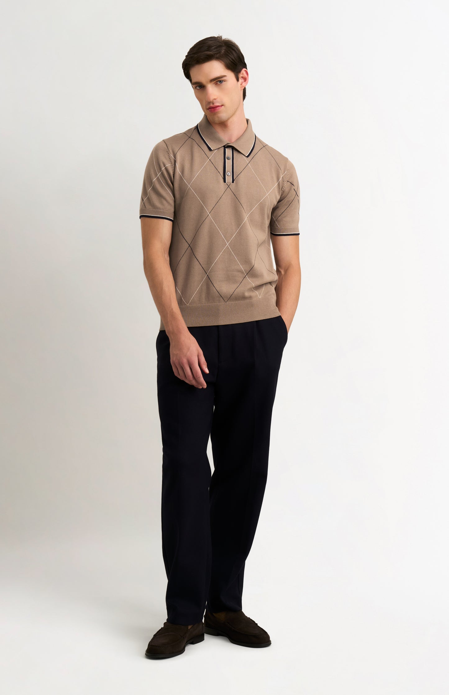 Men's Cotton And Silk Raker Stitch Polo Shirt In Mushroom & Ecru