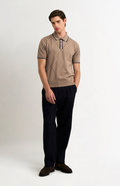 Men's Cotton And Silk Raker Stitch Polo Shirt In Mushroom & Ecru