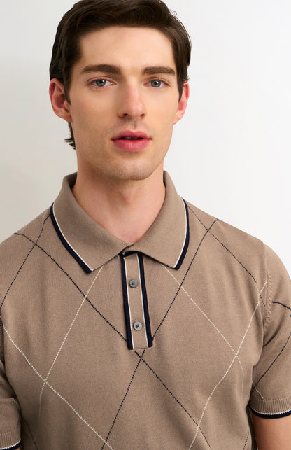 Men's Cotton And Silk Raker Stitch Polo Shirt In Mushroom & Ecru