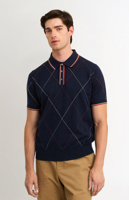 Men's Cotton And Silk Raker Stitch Polo Shirt In Navy & Red