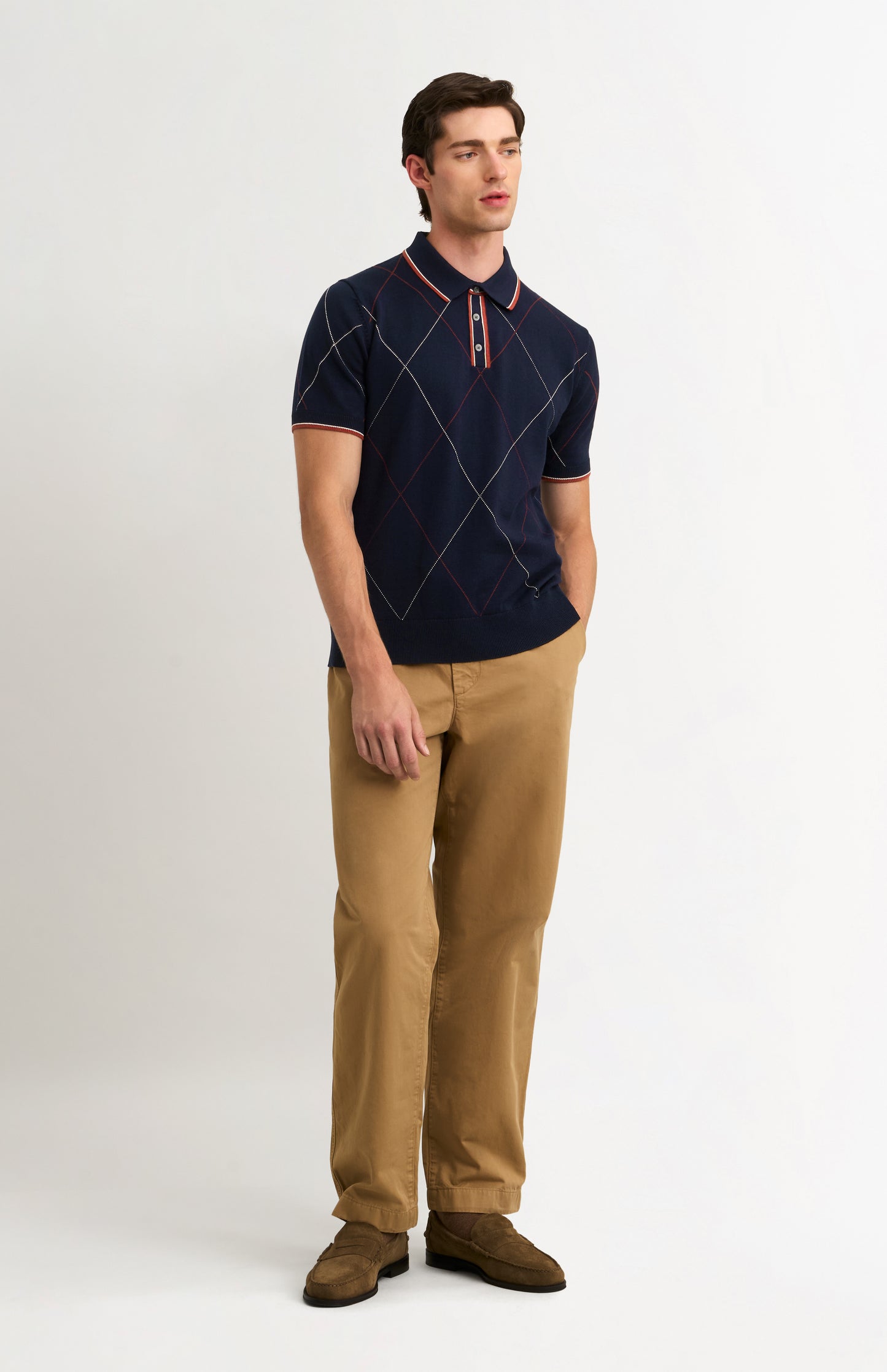 Men's Cotton And Silk Raker Stitch Polo Shirt In Navy & Red