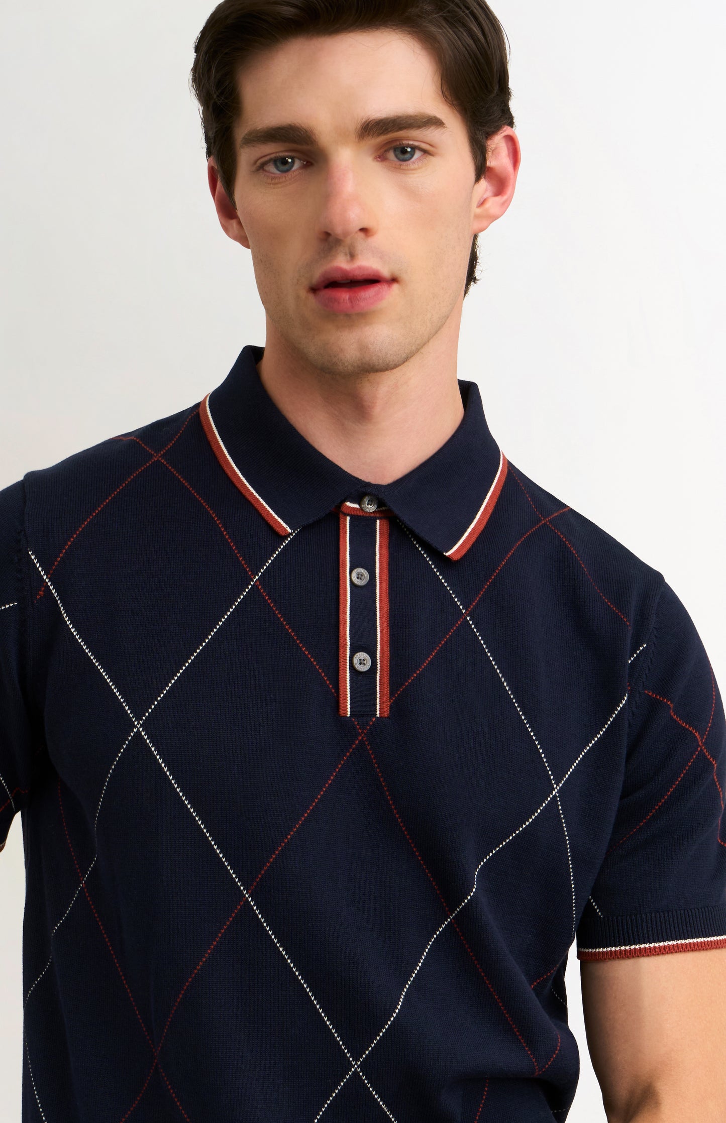 Men's Cotton And Silk Raker Stitch Polo Shirt In Navy & Red
