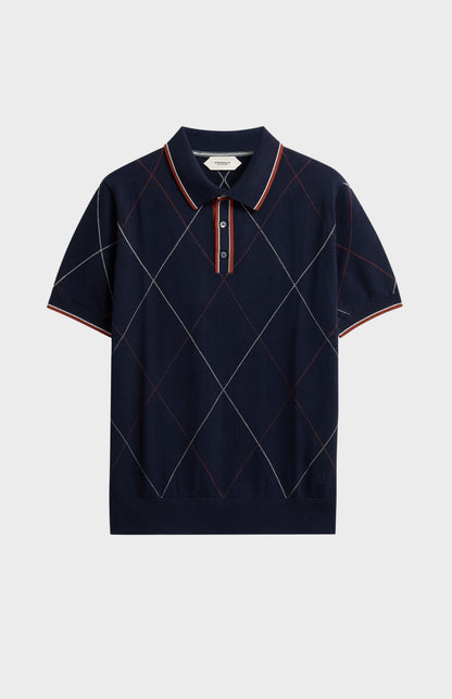 Men's Cotton And Silk Raker Stitch Polo Shirt In Navy & Red
