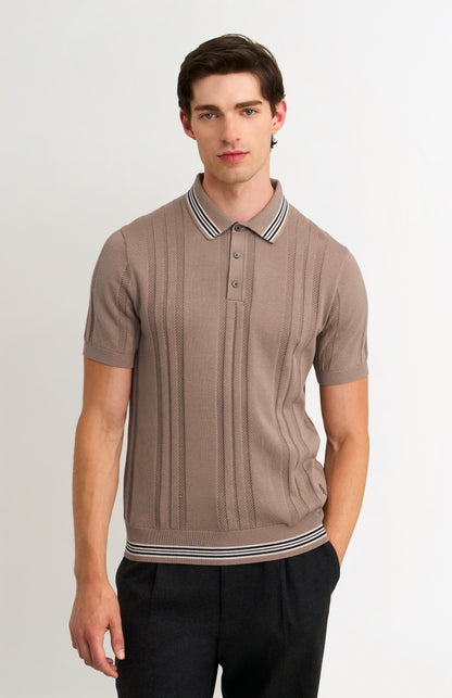 Men's Cotton And Silk Textured House Stripe Buttoned Polo Shirt In Mushroom