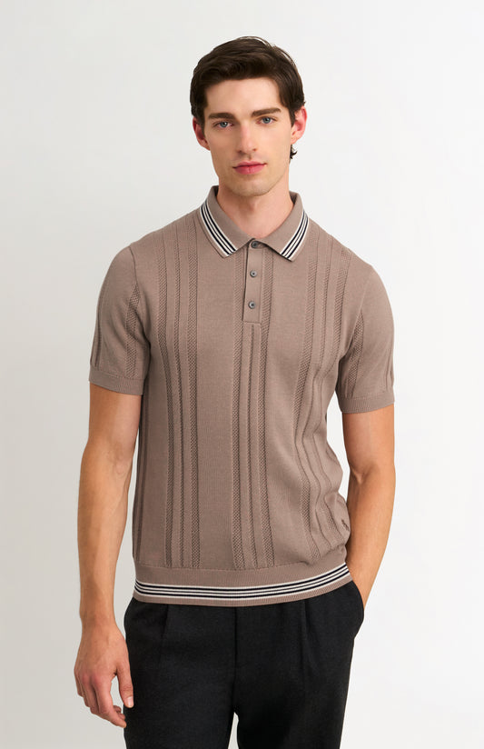 Men's Cotton And Silk Textured House Stripe Buttoned Polo Shirt In Mushroom