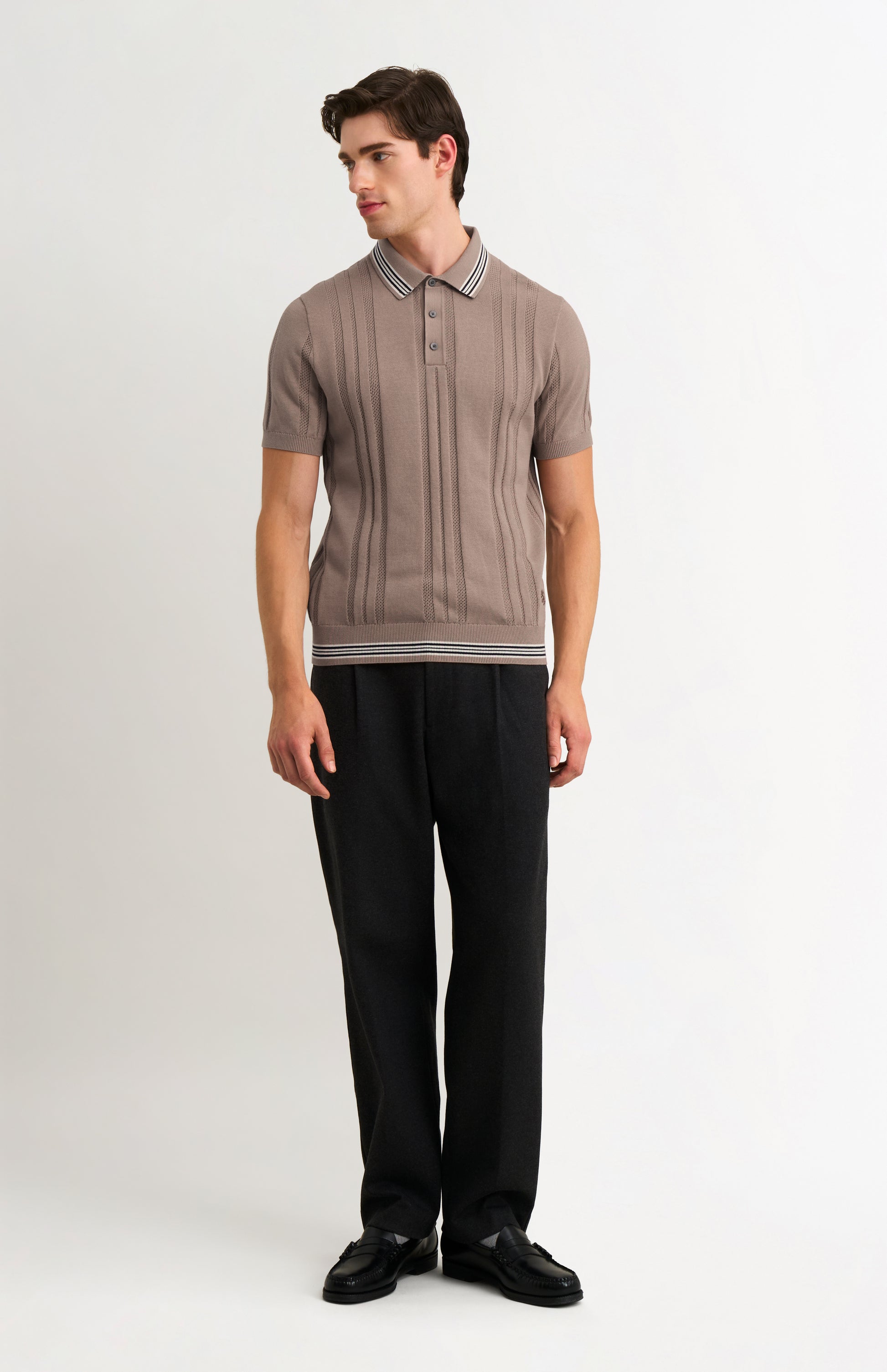 Men's Cotton And Silk Textured House Stripe Buttoned Polo Shirt In Mushroom