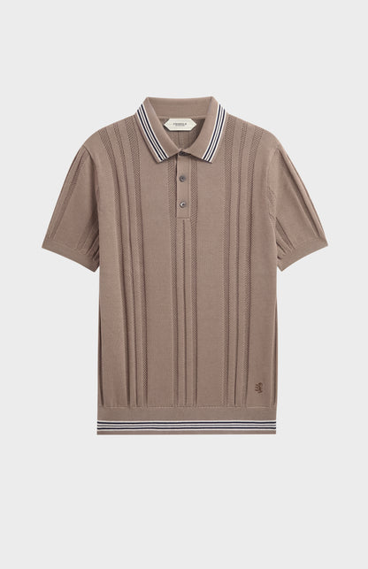 Men's Cotton And Silk Textured House Stripe Buttoned Polo Shirt In Mushroom