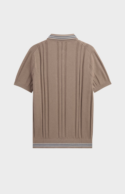 Men's Cotton And Silk Textured House Stripe Buttoned Polo Shirt In Mushroom