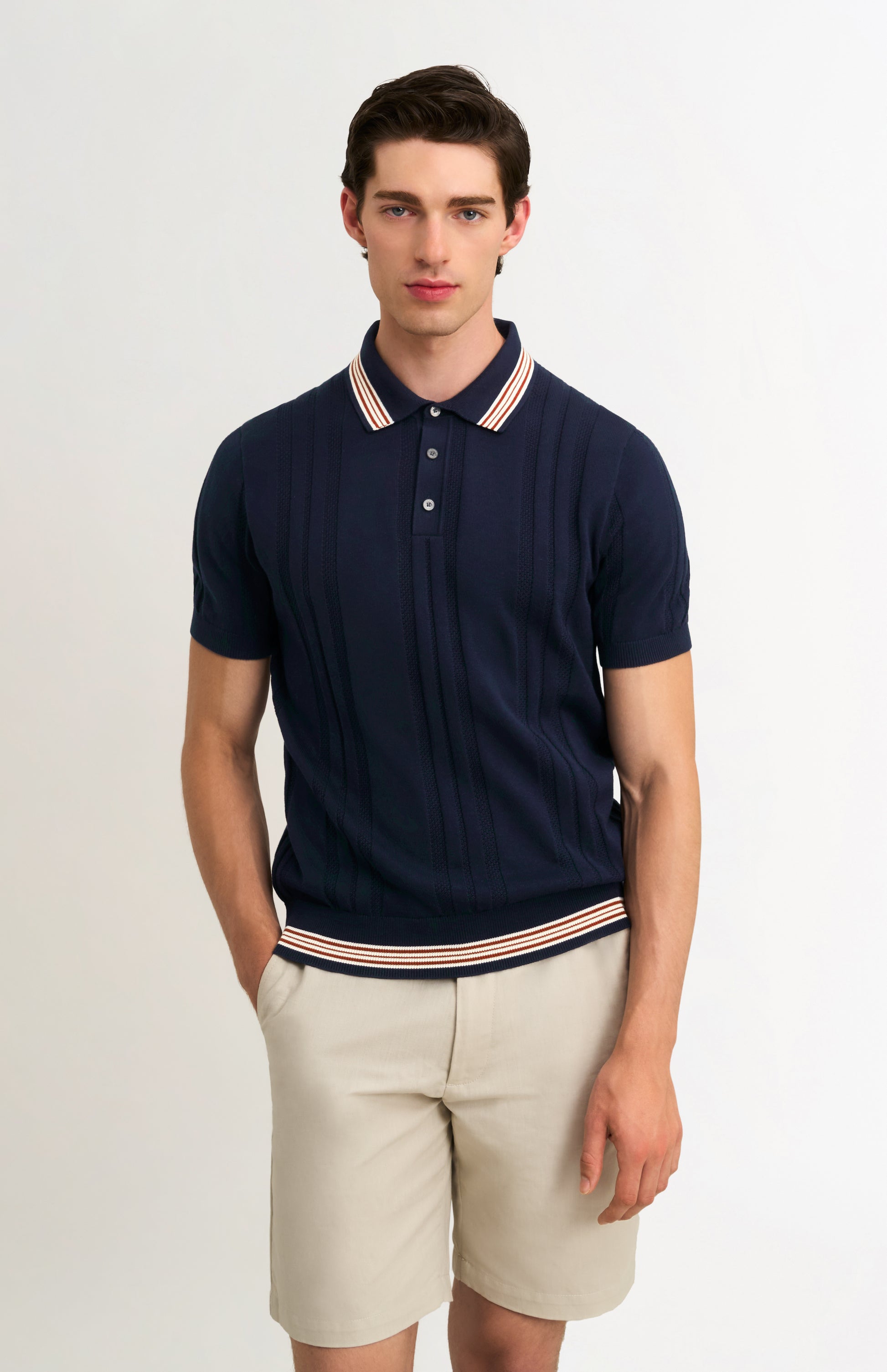 Men's Cotton And Silk Textured House Stripe Buttoned Polo Shirt In Navy