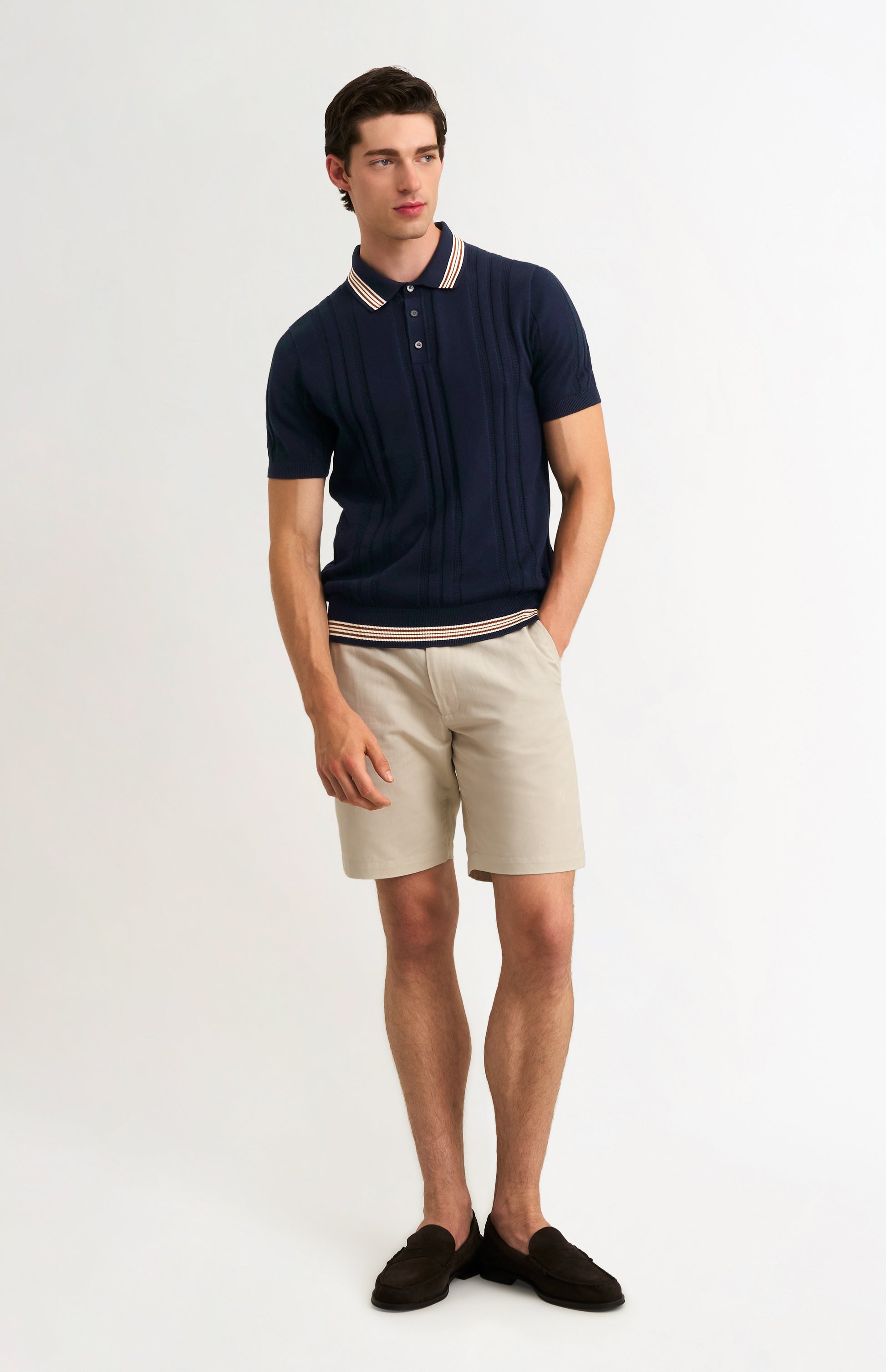 Men's Cotton And Silk Textured House Stripe Buttoned Polo Shirt In Navy