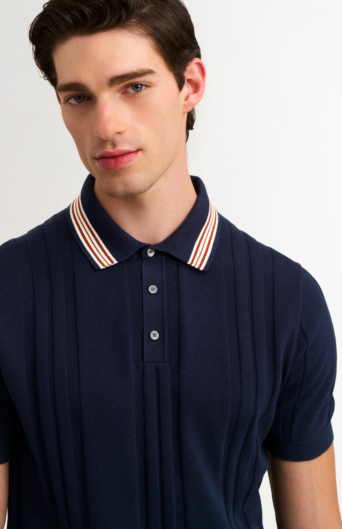 Men's Cotton And Silk Textured House Stripe Buttoned Polo Shirt In Navy