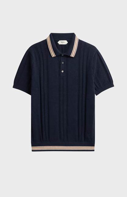 Men's Cotton And Silk Textured House Stripe Buttoned Polo Shirt In Navy