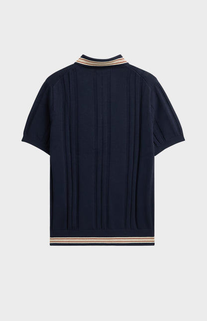 Men's Cotton And Silk Textured House Stripe Buttoned Polo Shirt In Navy