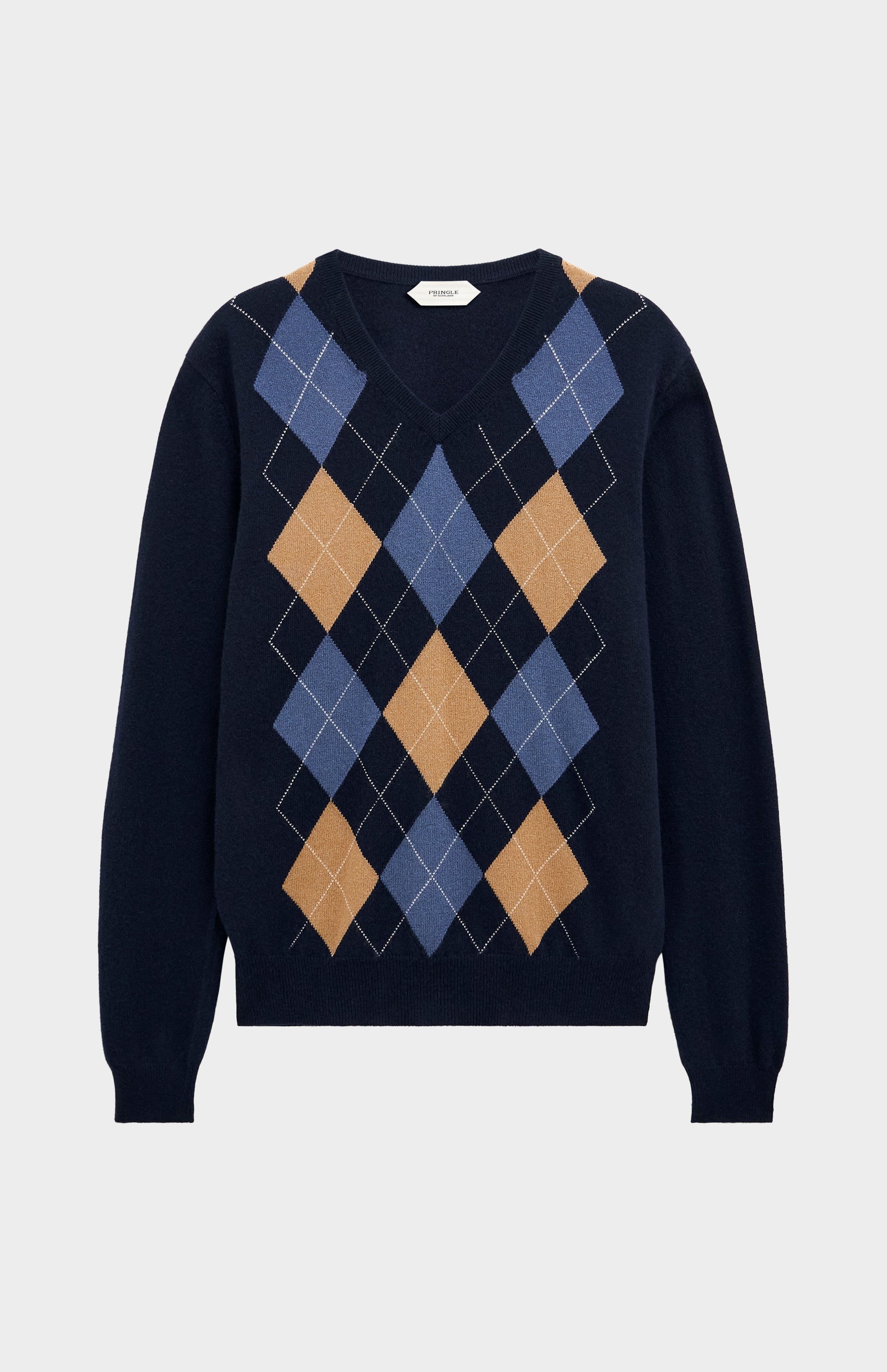 Pringle Men’s Argyle Cashmere V-Neck Jumper In Navy, Camel & Blue