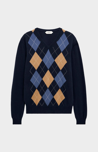 Pringle Men’s Argyle Cashmere V-Neck Jumper In Navy, Camel & Blue