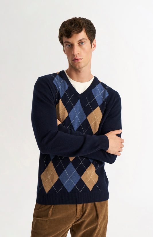 Pringle Men’s Argyle Cashmere V-Neck Jumper In Navy, Camel & Blue on model