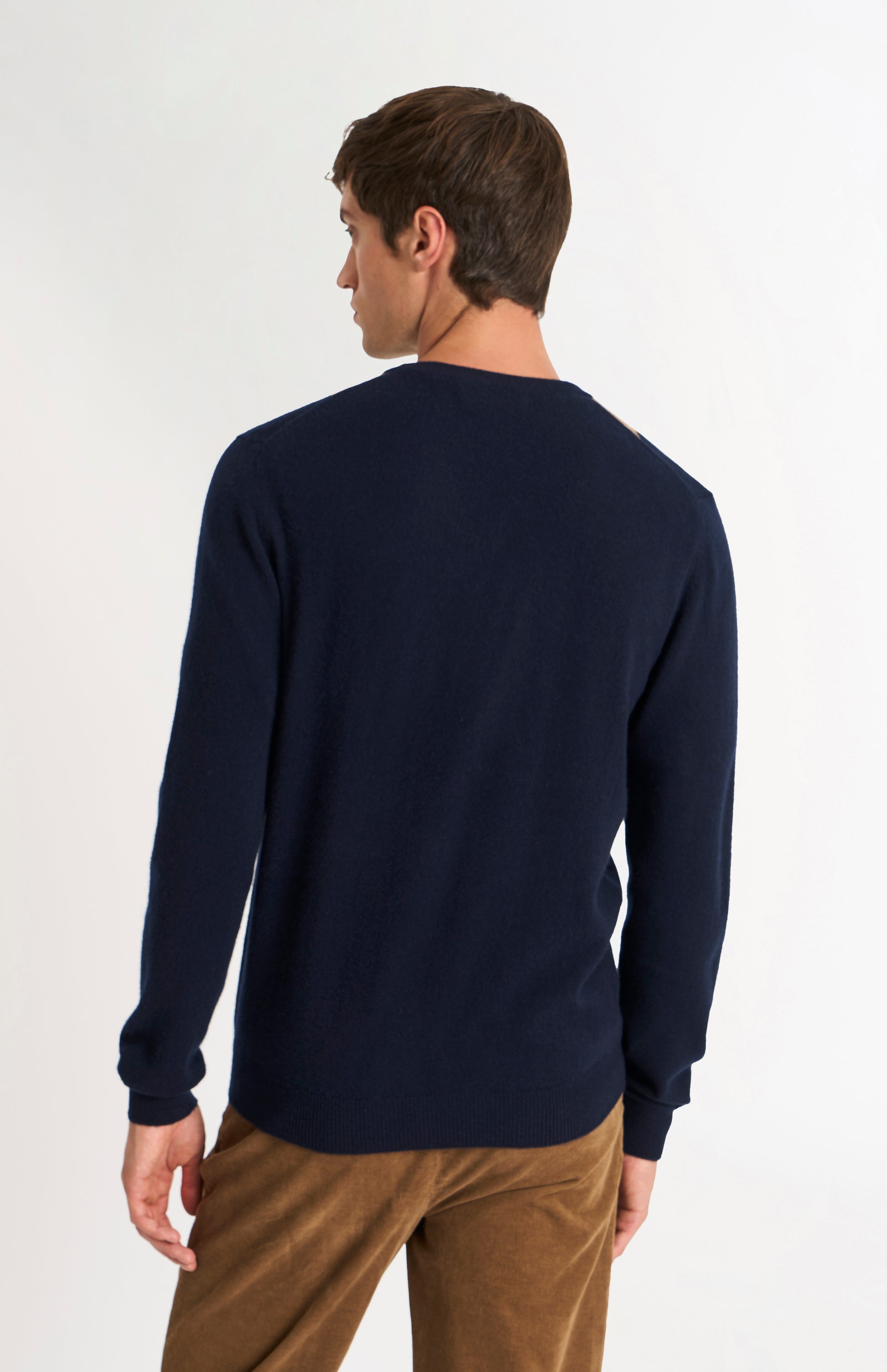 Pringle Men’s Argyle Cashmere V-Neck Jumper In Navy, Camel & Blue rear view