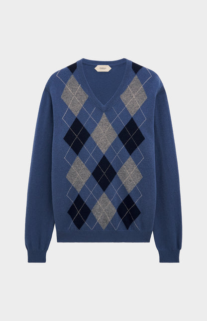 Pringle Men’s Argyle Cashmere V-Neck Jumper In Blue, Navy & Grey